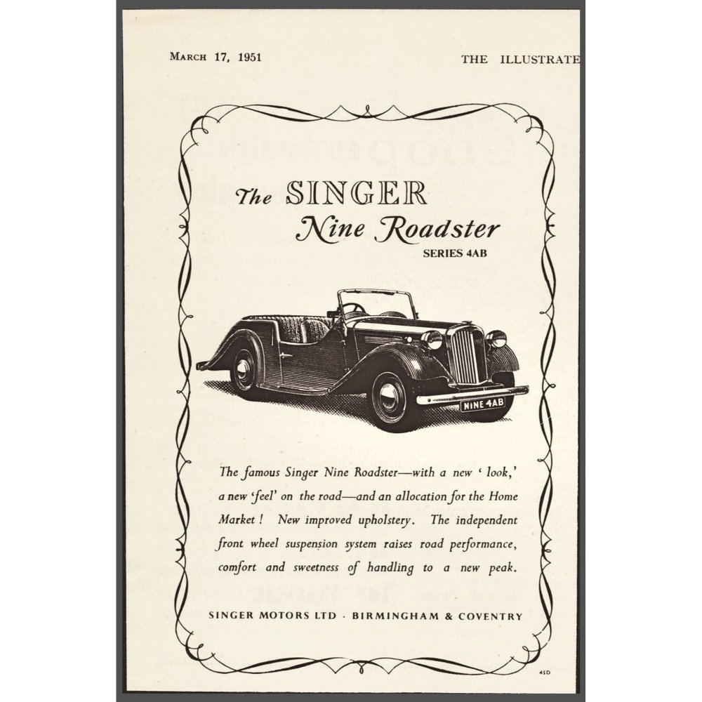 1951 Singer Nine Roadster Series 4AB Convertible Vintage Print Ad Wall Art Decor